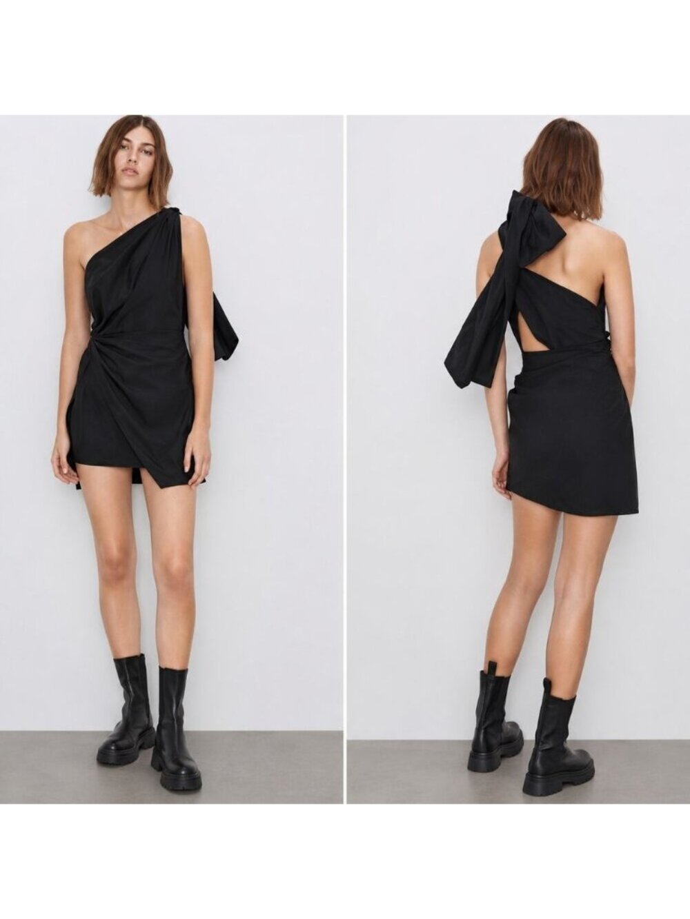 NWT Zara One Shoulder Bow Back Asymmetric Mini Dress Dark Brown Size XS